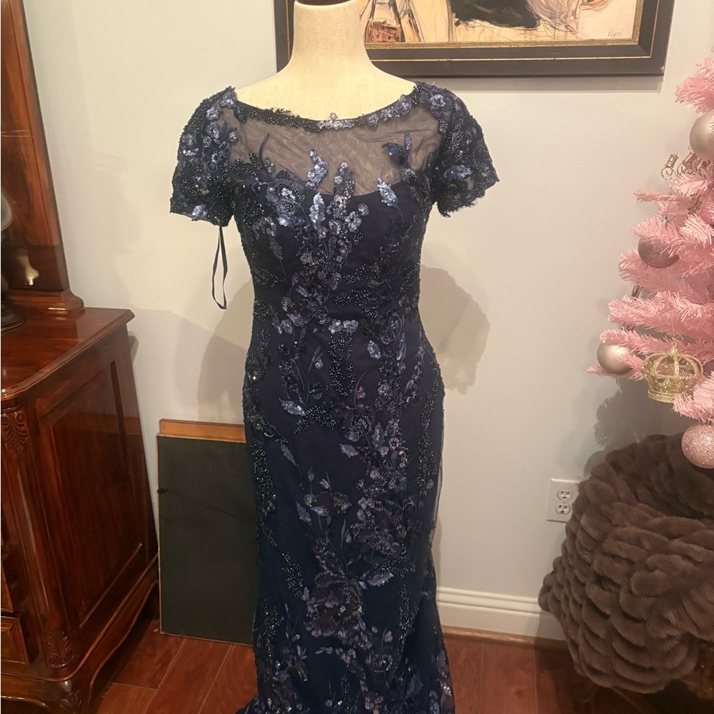 La Femme Blue Sequin Embellished Gown